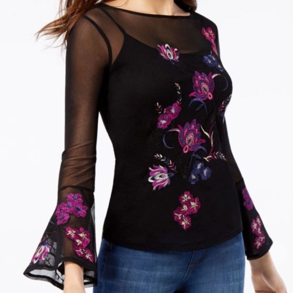 Thalia Sodi Embroidered Mesh Bell Sleeve Top